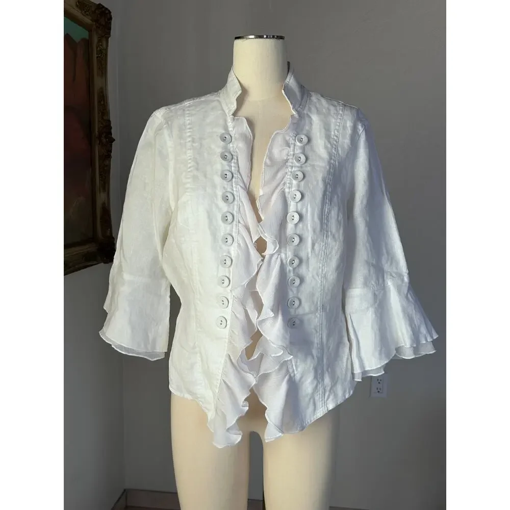 White Linen Band Jacket Women M Ruffle Bell Sleeve Gothic Romantic Victorian